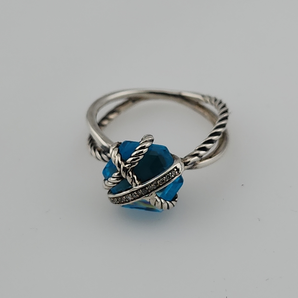 David Yurman Cable Wrap Ring with Blue Topaz and Diamonds - Picture 2 of 7